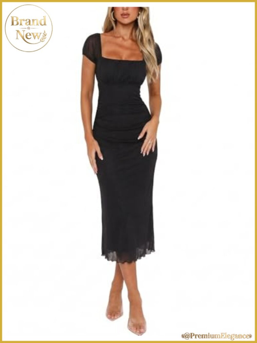 Relipop Women's Floral Midi Dress Square Neck Bodycon Mesh Ruched Short Sleeve